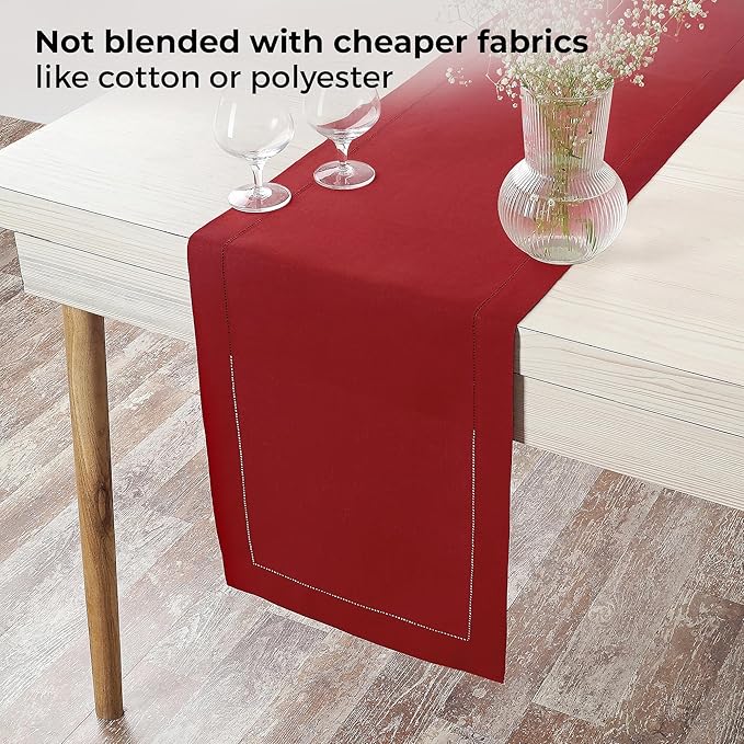 D'Moksha Homes Linen Red Table Runner 120 Inches Long - 100% Pure Linen Hemstitch 14 x 120 Inch Table Runner for Dining, Winter, Christmas, Holiday, New Year - Classic Hemstitch