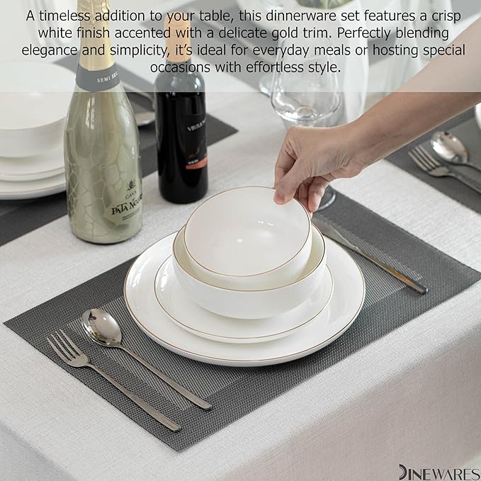 Perlaceo Luxurious Collection of 24-Piece White with Gold Rim Bone China Dinnerware Set - Lightweight and Durable - Service for 8, Including Dinner Plates, Salad Plates, and Cereal or Soup Bowls