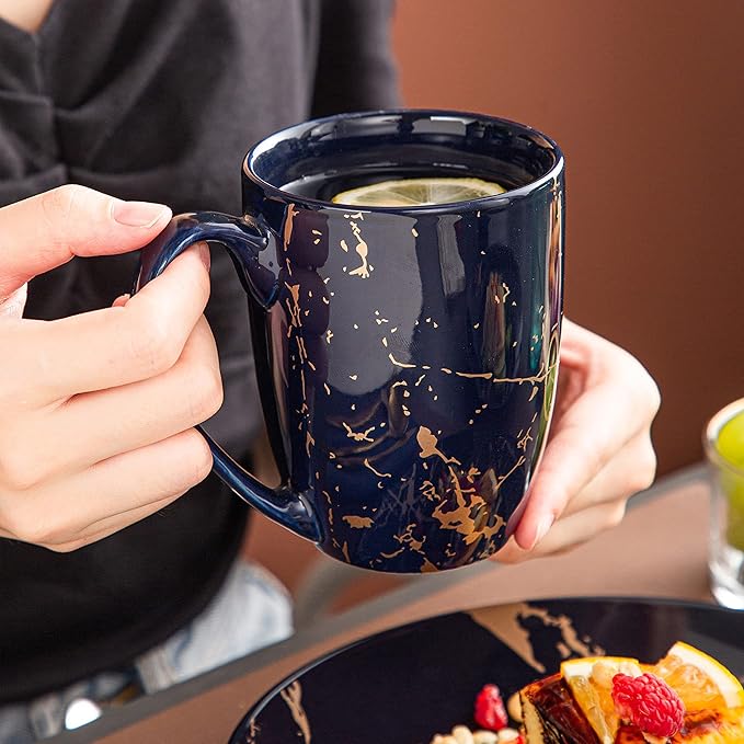 LOVECASA Porcelain Dinnerware Sets for 4, 16 PCS Plates and Bowls Set, Color Glaze with Gold Plate Dish Set, Dinner Sets with Dinner Plates, Dessert Plate, Bowls and Mugs, Dark Blue