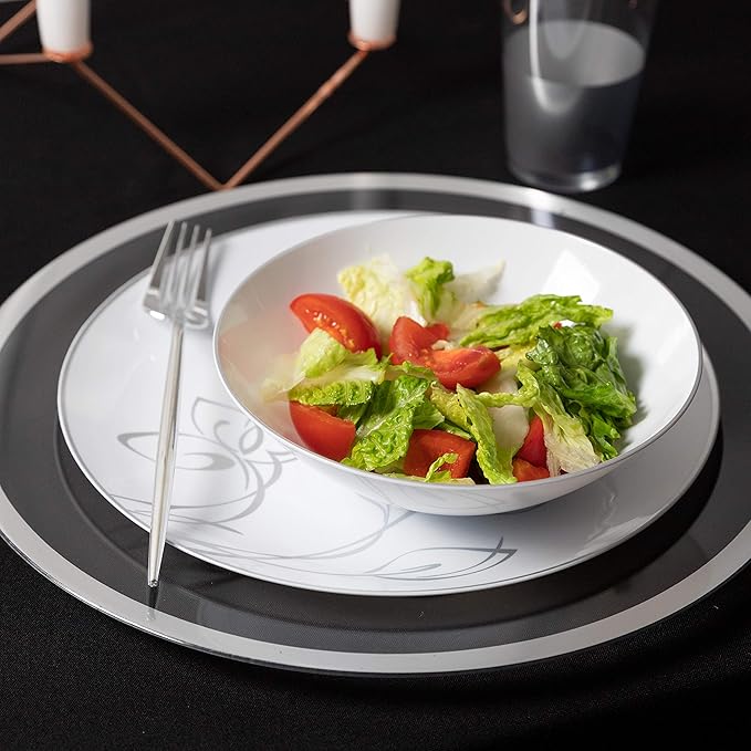 [16 OZ 20 Count] White Plastic Organic Party Soup bowls With Silver Rim Premium heavyweight Elegant Disposable Tableware Dishes