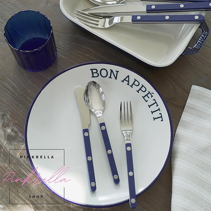 6-Piece Stainless Steel Flatware Silverware Cutlery Set - Color Handle with Rivet/Retro Style - Includes Dinner Knife; Dinner Fork; Salad Fork; Soup Spoon; Teaspoon; Spreader (NAVY)