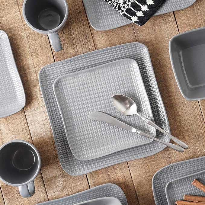 Stone Lain 16 Piece Stoneware Square Weave Dinnerware Set, Service for 4, Gray