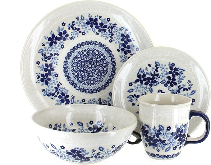 Blue Rose Polish Pottery - Blue Elizabeth 16 Piece Dinner Set - 4 Place Settings - Great for Everyday Dining, Casual Dining, or as Formal Dinnerware