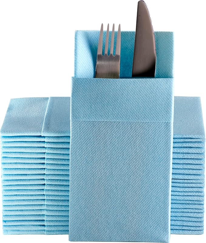 Baby Blue Dinner Napkins Cloth Like with Built-in Flatware Pocket, Linen-Feel Absorbent Disposable Paper Hand Napkins for Kitchen, Bathroom, Parties, Weddings, Dinners or Events, Pack of 50