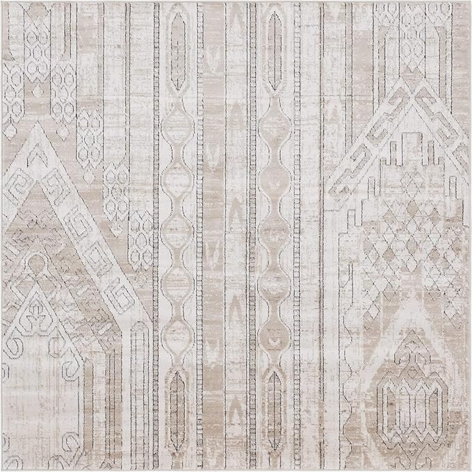 Rugs.com Oregon Collection Rug – 6 Ft Square Ivory Low-Pile Rug Perfect for Living Rooms, Kitchens, Entryways