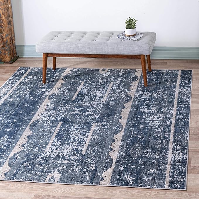 Rugs.com Oregon Collection Rug – 6 Ft Square Blue Low-Pile Rug Perfect for Living Rooms, Kitchens, Entryways