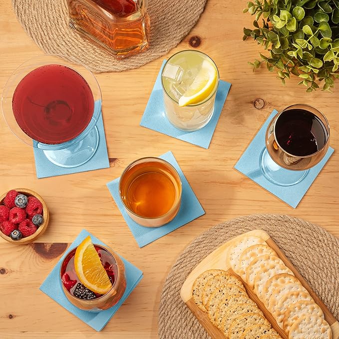 AH AMERICAN HOMESTEAD Paper Cocktail Napkins - Linen-Like Disposable Beverage Bar Napkins 4.75" x 4.75" - Bulk Square Napkins - Ideal for Party or Wedding (Baby Blue -100 Count)