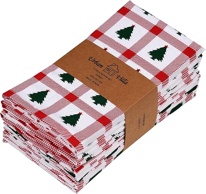 Urban Villa Cloth Napkins Set of 12 20x20 Inches 100% Cotton Napkins Cloth Washable Soft Durable Reusable Absorbent Table Dinner Napkins Cloth for Christmas Parties Hotel Lunch Restaurant – Tree Print