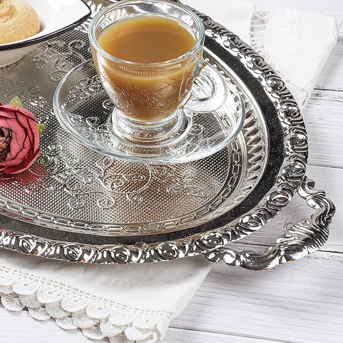 Crystalia Silver Metal Ottoman Coffee Tea Beverage Serving Tray, Large Fancy Decorative Ellipse Design, Vintage Cocktail Tray, Elegance Oval Serving Trays for Ottomans