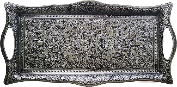 Metal Serving Tray with Raised Edges, Vintage Design Tray, Rectangular Metal Serving Tray, Decorative Serving Platter, Turkish Ottoman Coffee Tea Beverage Serving Square Tray (Smoke Gray)