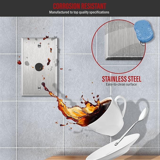 ENERLITES 0.625" Diameter Hole Phone Cable Metal Wall Plate, Corrosive Resistant, Size 1-Gang 4.50" x 2.76", 7761, 430 Stainless Steel, UL Listed, Silver