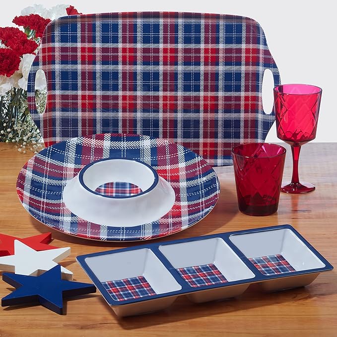 Certified International Patriotic Plaid 12 Piece Melamine Dinnerware Set, Service For 4