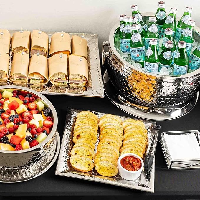 TableCraft 12843 Hive Collection Square Serving Tray, Stainless Steel with Mirror Honeycomb Pattern, Flat Display Tray for Catering & Buffet Service, 14 x 14 x 1 Inches