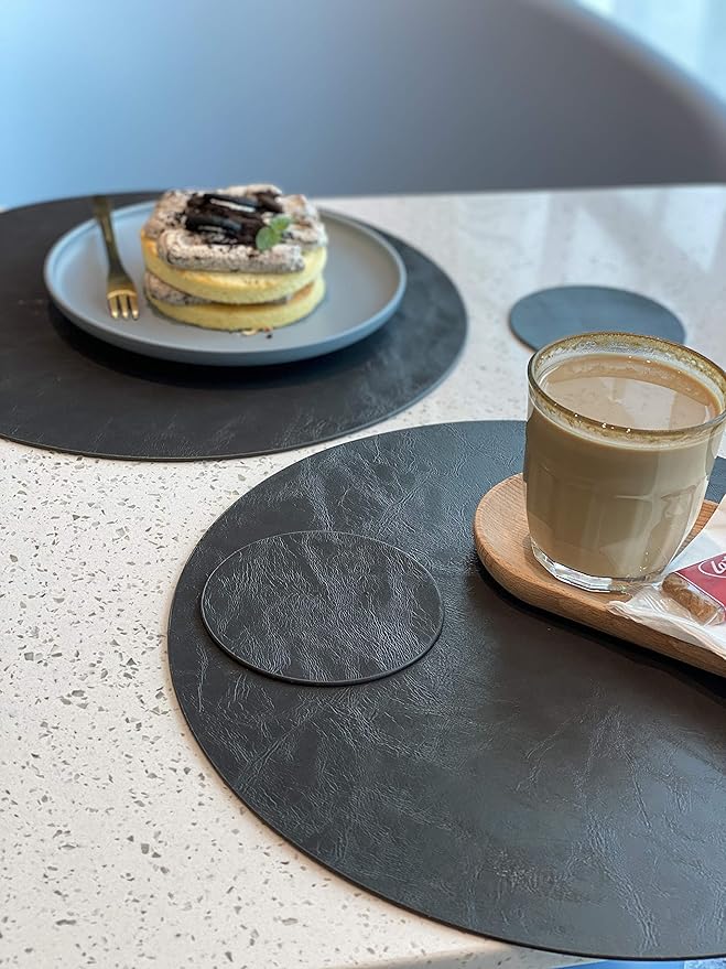 Jovono Set of 4 Round Placemats and Coasters, Faux Leather Table Mats and Desk Coasters, Plate mat Easy to Clean for Round Dining Rable, Diameter 13'' and 3.9'' Gray