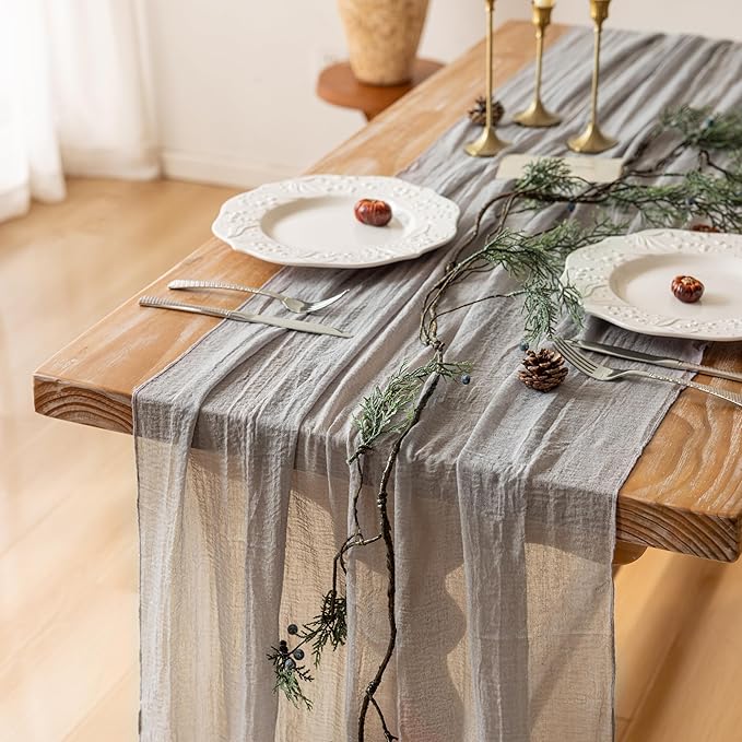 Keketoarrange Grey Gauze Rustic Cheesecloth Table Runner 120 Inch 10 FT for Wedding Baby Shower Bridal Shower Birthday Engagement Garden Outdoor Party Long Sheer Boho Decorations