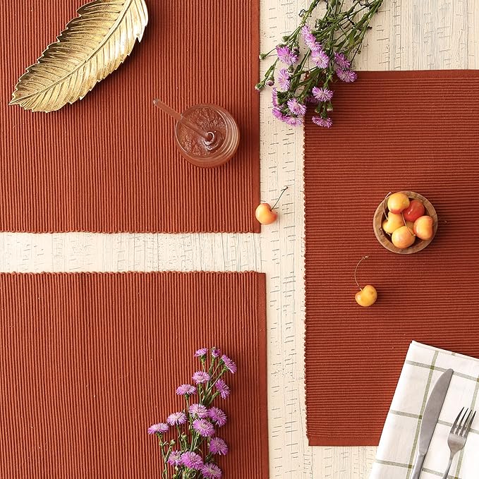 DII Basic Everyday Ribbed Tabletop 100% Cotton, Placemat Set, 13x19, Cinnamon, 6 Piece
