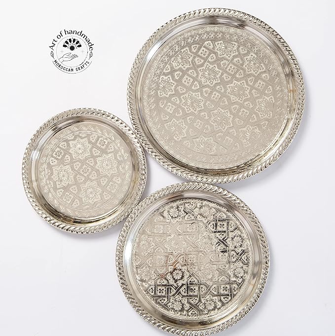 Moroccan Tea Tray Serving Cocktail Silver Handmade Fez Small Or Large Round (15 Inch)