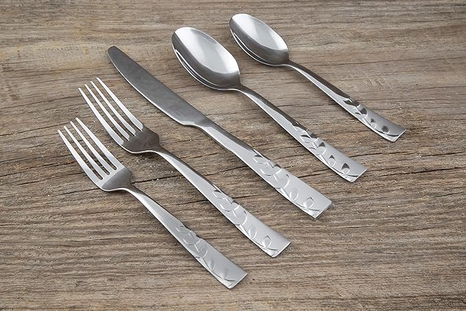 Cambridge Silversmiths 268320R Blossom Sand 20-Piece Flatware Silverware Set, Service for 4, Stainless Steel, Includes Forks/Knives/Spoons, Brushed Finish