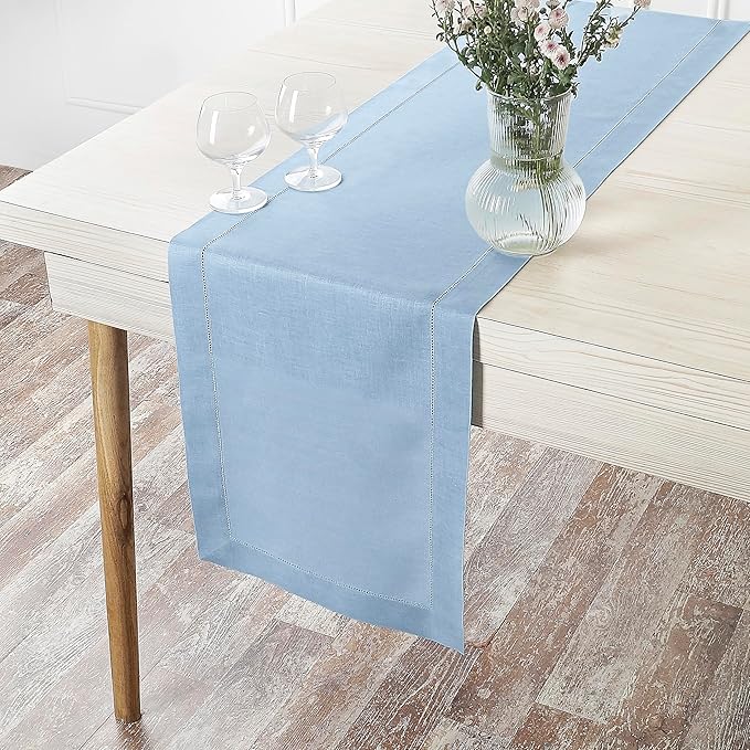 D'Moksha Homes Linen Powder Blue Table Runner 60 Inches - Classic Hemstitch, 100% Pure Linen Coffee Table Runner 14 x 60 Inch Ideal for Dresser Tables - Winter, Christmas, Holiday, New Year