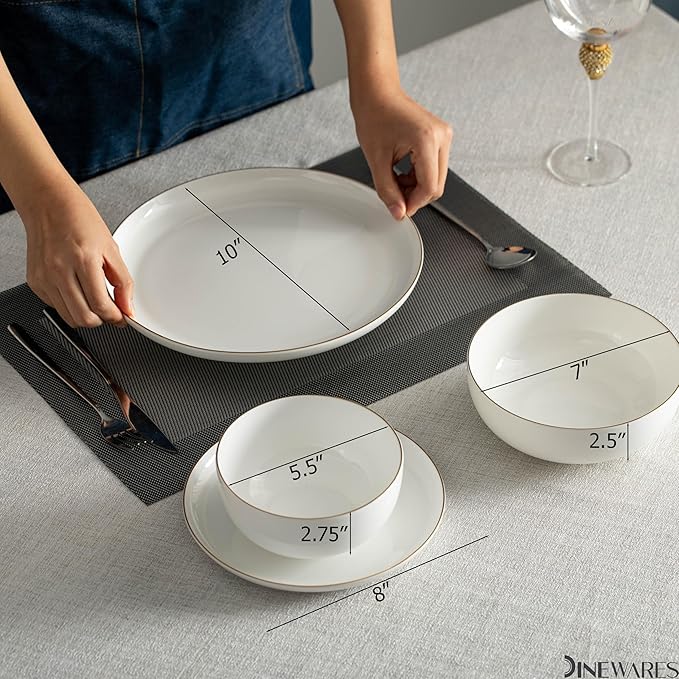 Perlaceo Luxurious Collection of 12-Piece White with Gold Rim Bone China Dinnerware Set - Lightweight and Durable - Service for 4, Including Dinner Plates, Salad Plates, and Cereal or Soup Bowls