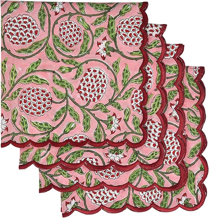 Ridhi Hand Block Print Strawberry Pink 18" x 18" (Set of 4) Embriodery Table Napkins Reusable Cotton Dinner Napkins for Weddings, Parties, Everyday Dining Gift for Spring, Easter, Valentine