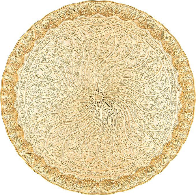 Alisveristime Turkish Ottoman Coffee Tea Serving Tray – 11.8 Inches, Wavy Zamac Tray with Traditional Motifs, Available in Five Color Variations (Gold)