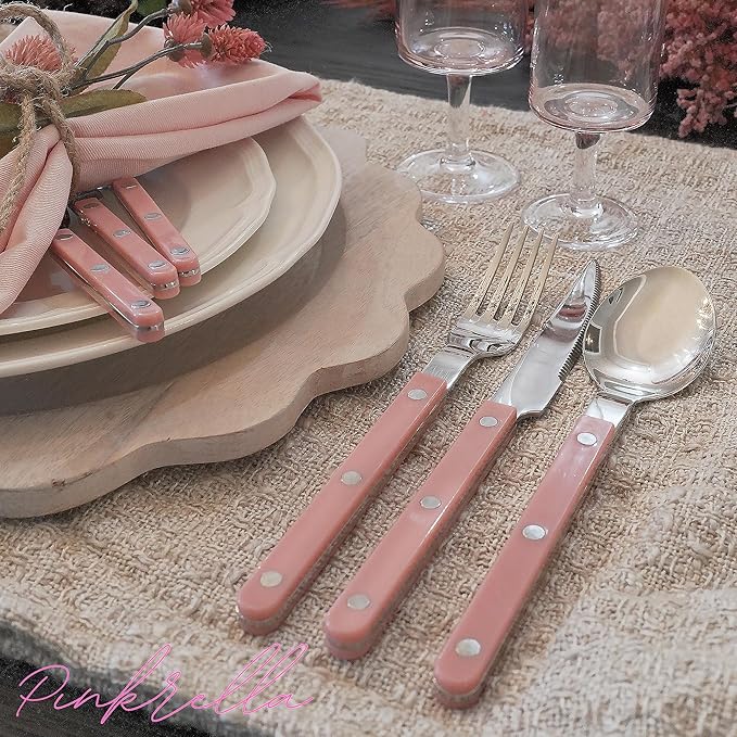 6-Piece Stainless Steel Flatware Silverware Cutlery Set - Color Handle with Rivet/Retro Style - Includes Dinner Knife; Dinner Fork; Salad Fork; Soup Spoon; Teaspoon; Spreader (PINK)