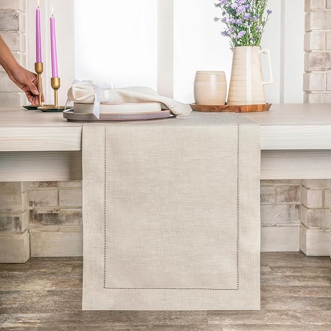 D'Moksha Homes Linen Light Natural Table Runner 36 Inches - 100% Pure Linen Small Table Runner 14 x 36 Inch Ideal for Dresser, Coffee Tables, Winter, Christmas, Holiday, New Year - Classic Hemstitch