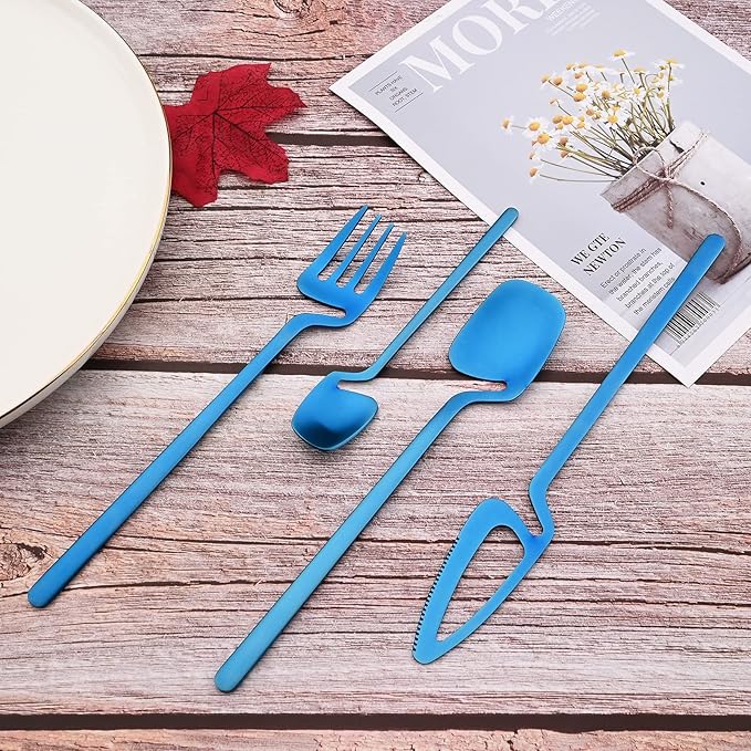 JASHII Hanging Cup Silverware Set, Satin Finish 28-Piece 304 Stainless Steel Flatware set, Tableware Cutlery Set Service for 4, Utensils for Kitchens, Dishwasher Safe - Matte Blue