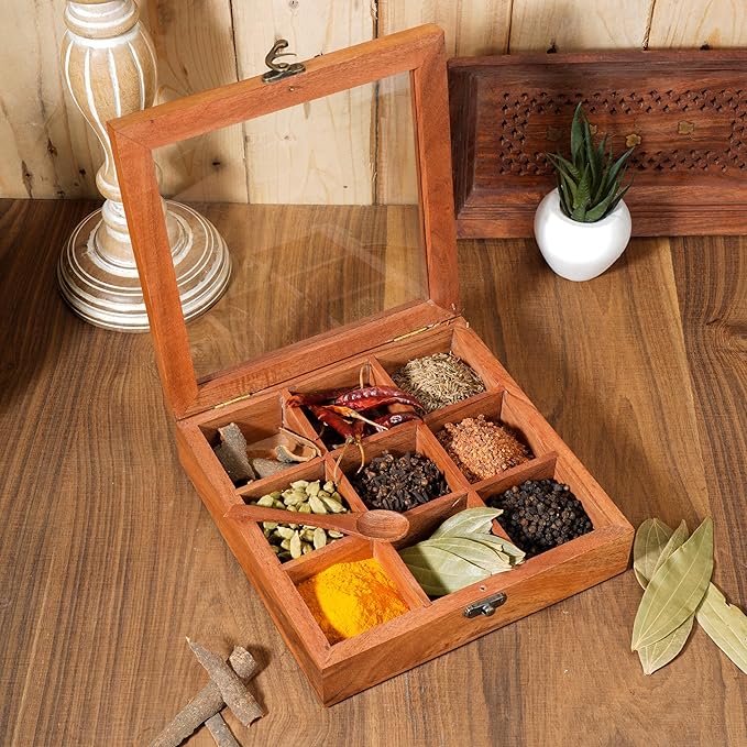 Ajuny Wooden Spice Box 8x8 Inch - Decorative Masala Dabba Organizer with Glass Lid, 9 Fixed Compartments & Spoon, Spice Storage Container, Ideal for Seasonings & Herbs, Perfect for Gift