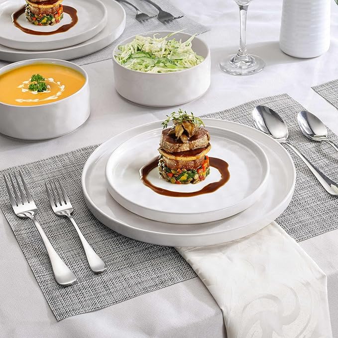 LIANYU 24 Piece Dinnerware Sets for 8, Stoneware Plates and Bowls Dish Set, Kitchen Dinner Ware Speckled Dining Dishware, Microwave & Dishwasher Safe, Polar White