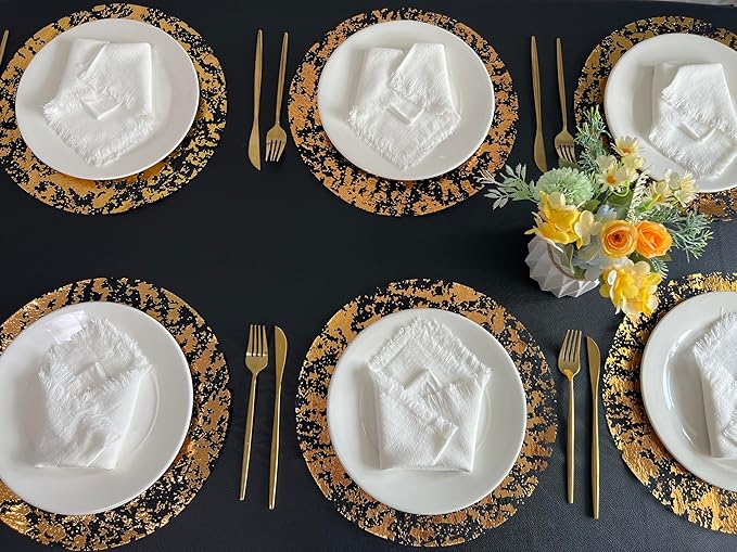 Disposable Black and Gold Placemats Set of 50 Metallic Thin Round 13 Inch Gold Doilies Mesh Pressed Fall Table Placemates 50 Pack Charger Plates for Wedding, Birthday Party