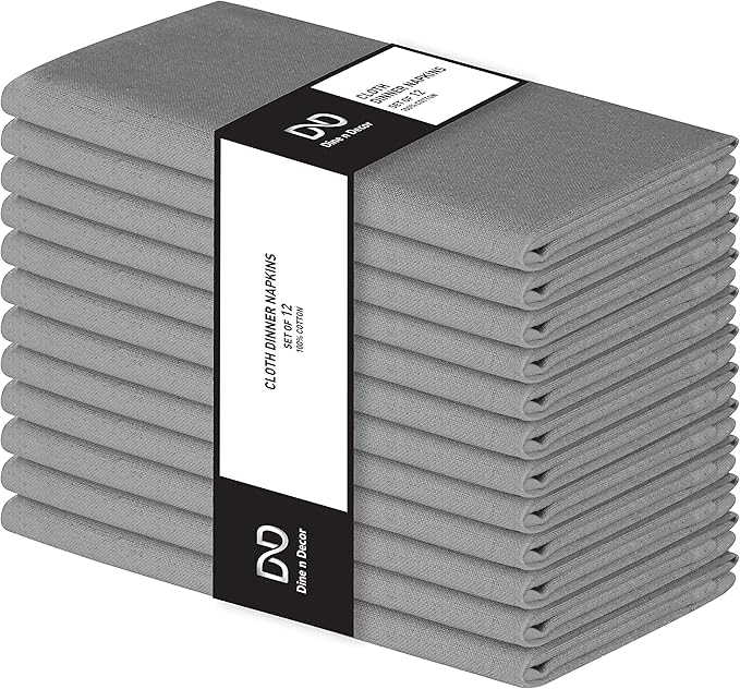 Set of 12 Cloth Dinner Napkins 100% Cotton - Soft Durable Washable - Ideal for Farmhouse Party Weddings Christmas Easter - Perfect Everyday Use Table Linen Cloth Napkins Grey 17x17