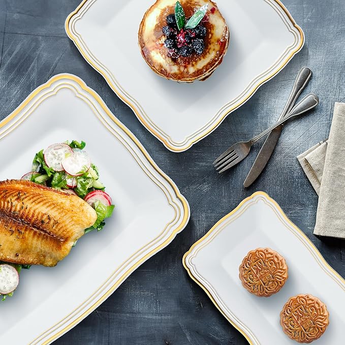 Posh Setting - White Plastic Serving Trays 6 Pack, Heavyweight Plastic Trays for Serving Food Party, Gold Rim Border Disposable Serving Platters and Trays, Platters for Serving Food Party - 12"x12"