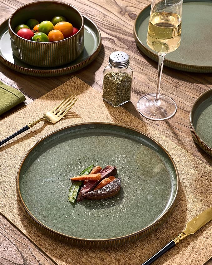 24-Piece Dinnerware Set Service for 8, Famiware Premium Stoneware Dish Set with Ribbed Plates and Deep Bowls, Double Reactive Glaze, Chip & Scratch Resistant, Microwave & Dishwasher Safe, Moss