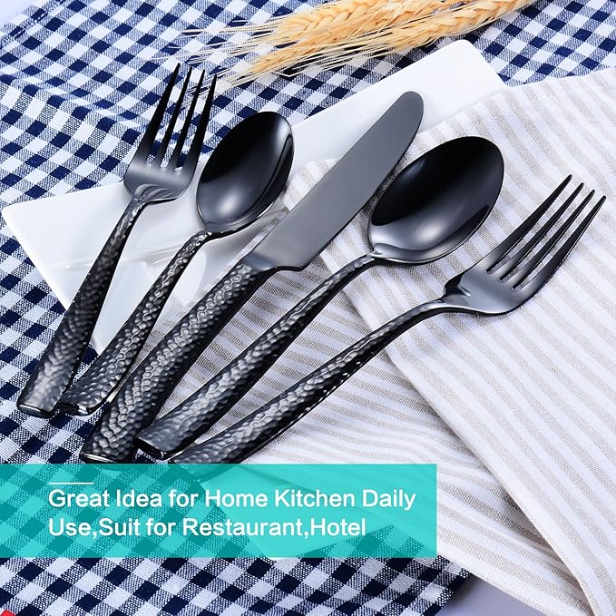 Flatware Set Stainless Steel Cutlery Set Silverware Set Black Hammered Mirror Finished 40 Pieces Home Event Wedding Use Service for 8