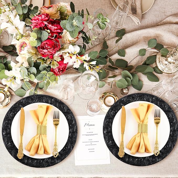 100 Pcs Antique Charger Plates Bulk Round Plastic Dinner Plate Embossed Rim Server Plate Decorative Chargers Floral Plates for Dinner Parties Wedding,13 Inch (100pcs-Black)