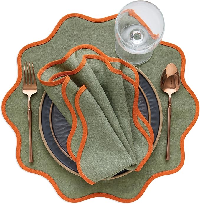 Solino Home Linen Placemats Set of 4-100% Pure Linen Persimmon Orange and Oil Green Round Cloth Placemats 16 Inch for Christmas - Giselle Scallop Edge, Handcrafted and Machine Washable
