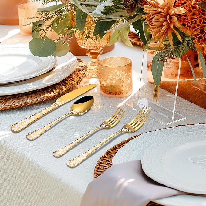 Stapava 20-Piece Gold Silverware Set for 4, Stainless Steel Flatware Cutlery Set, Unique Tableware Utensil Sets Include Forks, Spoons and Knives Set, Mirror Polished, Dishwasher Safe