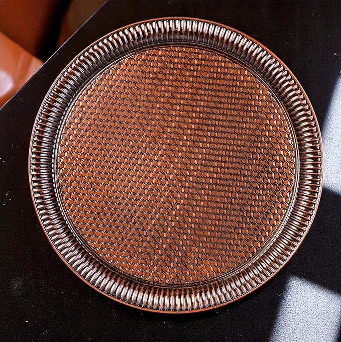 Alisveristime Round Hammered Metal Serving Tray – Ottoman Style, (11.8" Diameter, 12.6 oz) 5 Color Options (Brown)