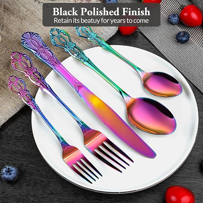 Silverware Set, 30 Pieces Retro Royal Silverware Set for 6, Baroque-style Stainless Steel Flatware Set Including Fork Spoon and Knife, Dishwasher Safe, Rainbow