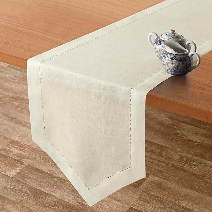 D'Moksha Homes Ivory Linen Table Runner 60 Inches Long - 100% Pure Linen Diamond Table Runner 14 x 60 Inch for Dining, Winter, Christmas, Holiday, New Year - Machine Washable