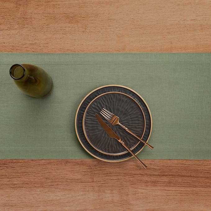 Solino Home Linen Oil Green Table Runner 90 Inches Long - 100% Pure Linen 14 x 90 Inch Table Runner for Christmas, New Year - Fete
