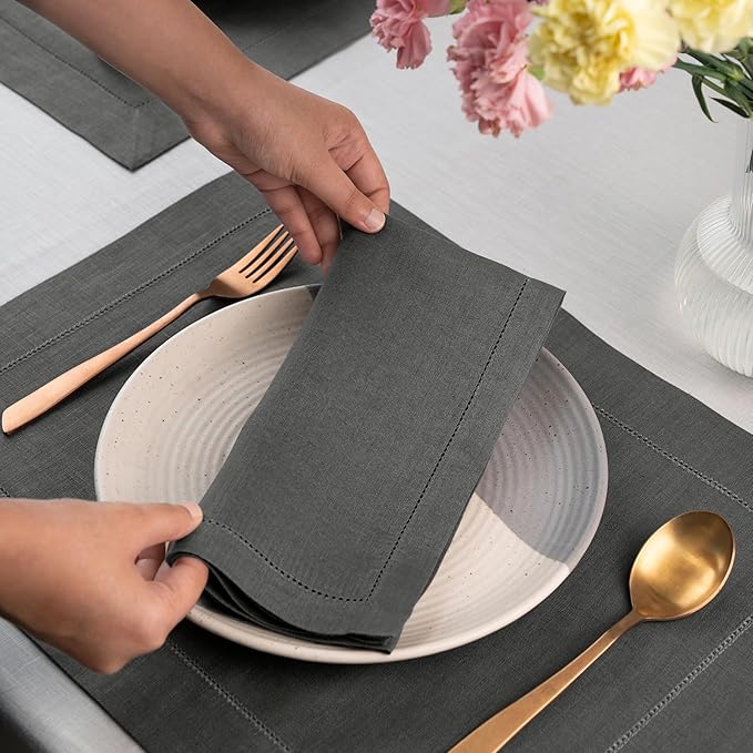 D'Moksha Homes Charcoal Grey Linen Napkins Set of 4 - Classic Hemstitch 100% Pure Linen Hemstitch Dinner Napkins 20 x 20 Inch for Christmas, Holiday, New Year - Handcrafted and Machine Washable