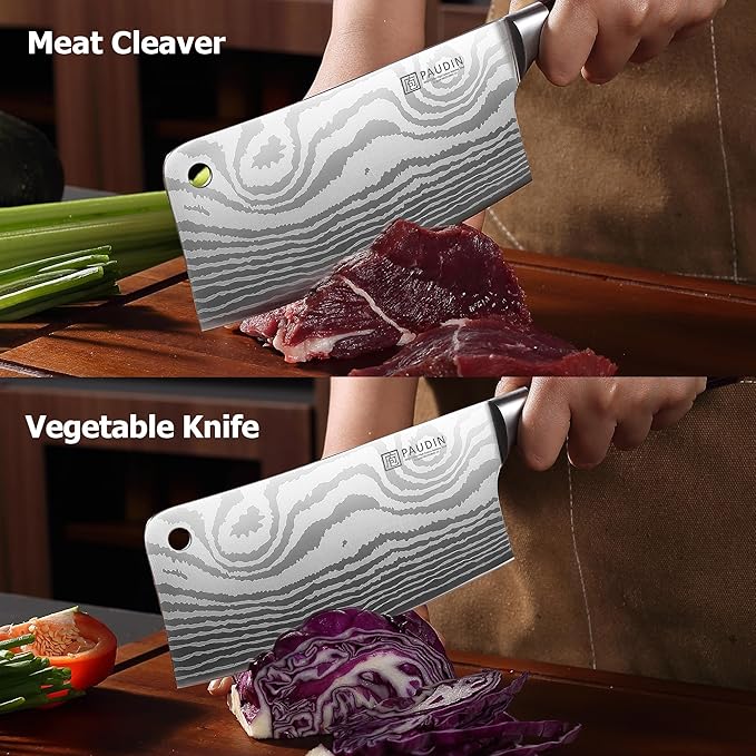 PAUDIN Cleaver Knife, Ultra Sharp Meat Cleaver 7 Inch, High Carbon Stainless Steel Butcher Knife with Wooden Handle, Chinese Cleaver for Meat Cutting Vegetable Slicing