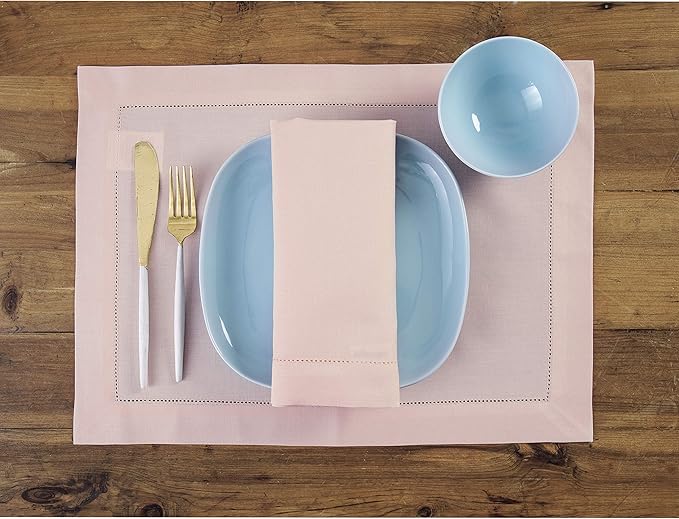Solino Home Pink Placemats Set of 4 - Cotton Linen Hemstitch Placemats 14 x 19 Inch for Valentines, Spring, Easter