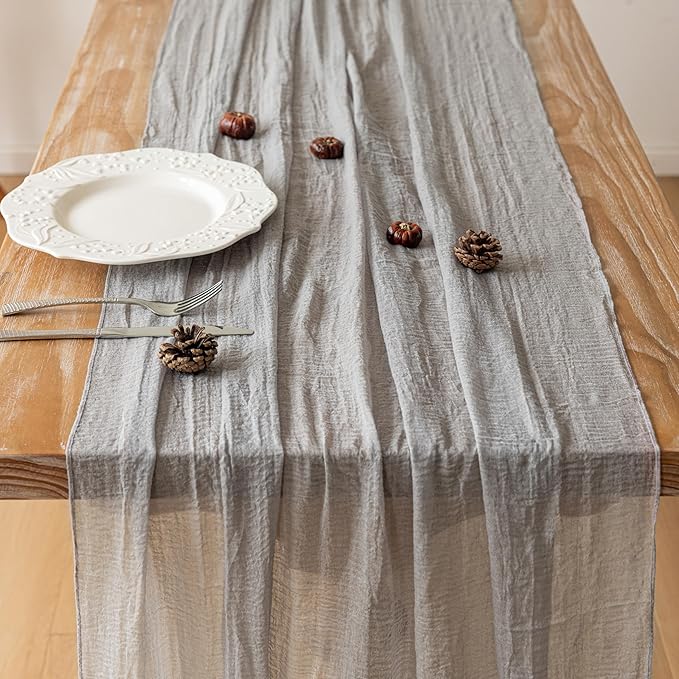 Keketoarrange Grey Gauze Rustic Cheesecloth Table Runner 120 Inch 10 FT for Wedding Baby Shower Bridal Shower Birthday Engagement Garden Outdoor Party Long Sheer Boho Decorations