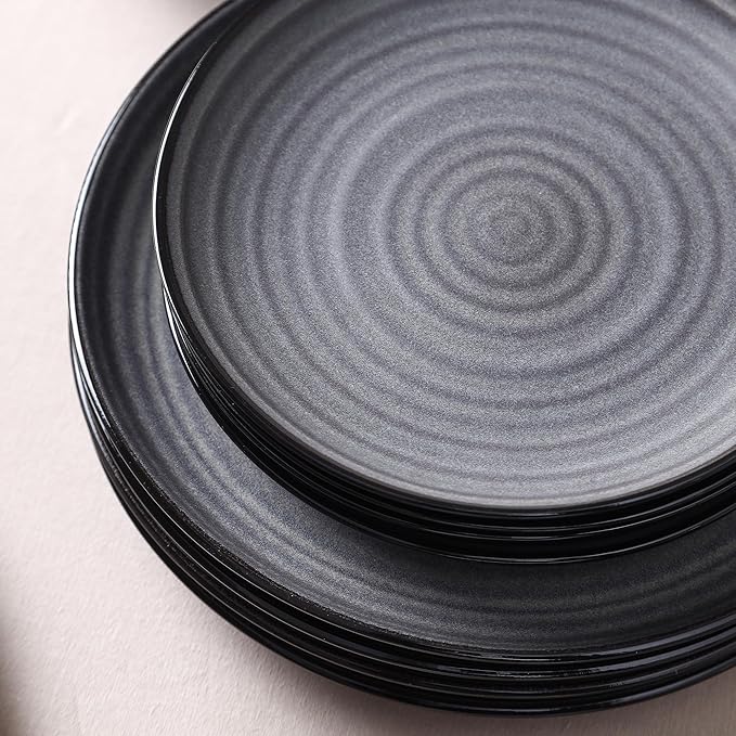 Stone Lain Dua 12-Piece Dinnerware - Stoneware, Plate and Bowls, Dishwasher and Microwave Safe, Dish Set for 4, Black