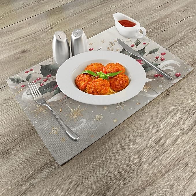 Ambesonne Christmas Place Mats Set of 4, Traditional Xmas with Poinsettia Flowers Ornate and Snowflakes, Washable Fabric Placemats for Dining Table, Standard Size, Pale Vermilion and Grey Teal