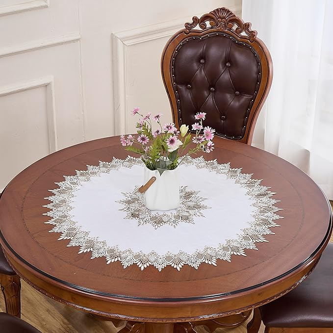 White Linen Decorative Lace Doily 33 inches Round Neutral Earth Tones Beige Lace Coffee Table Topper Dresser Scarf Place Mats (White, 33”Round)